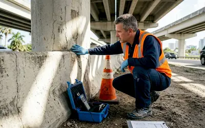 Inspector testing a concrete column under a highway overpass