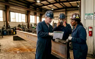 Three technicians reviewing a checklist beside a steel beam