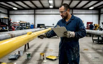 Technician painting a pipe with yellow primer in a shop