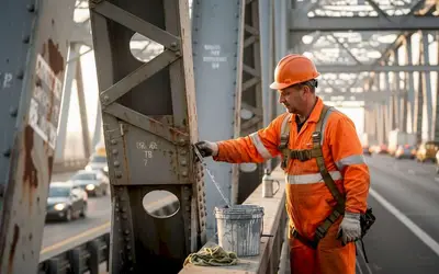Worker painting a steel bridge truss beside traffic