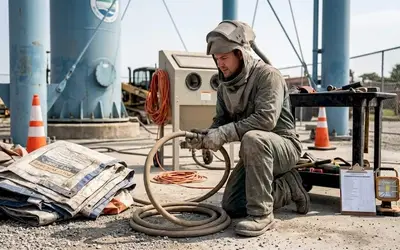 Blaster in a hood preparing hoses beside a blasting pot