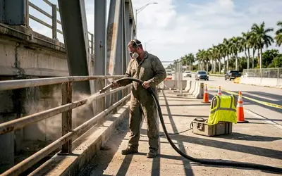 Worker sandblasting a bridge railing beside a palm-lined road