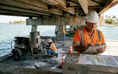Inspector reviewing plans under a pier with a blasting crew