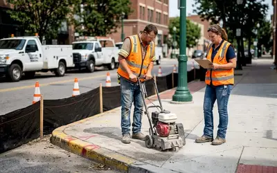 Crew grinding a curb on a city sidewalk