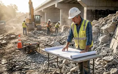Engineer reviewing plans at a bridge construction site