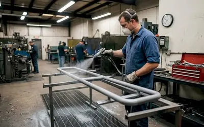 Worker spray painting a steel railing in a fabrication shop