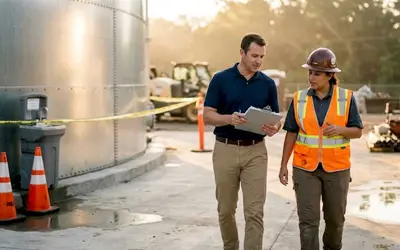 Manager and inspector walking past a steel storage tank
