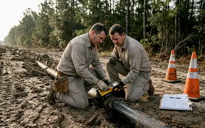 Two workers inspecting a buried pipeline in a trench
