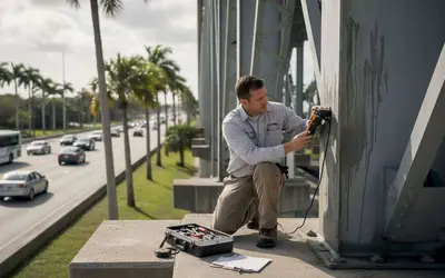 Technician testing the coating on a steel bridge support
