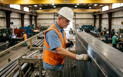 Inspector checking a steel beam in a fabrication shop
