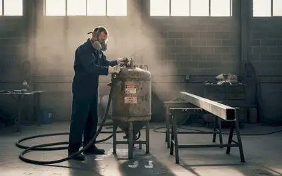 Worker operating a blasting pot in a workshop