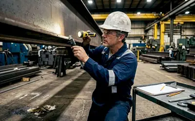 Inspector checking a steel beam with a flashlight