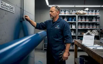 Technician checking a blue pipe coating in a paint shop