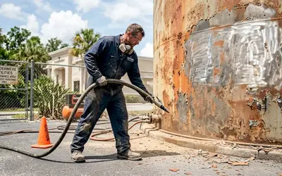 Worker blasting rust off a steel tank