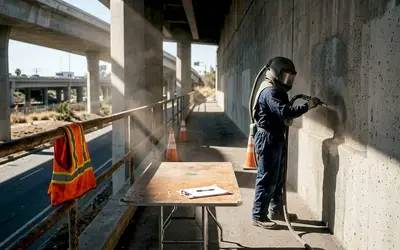 Worker in a blast hood sandblasting a concrete wall