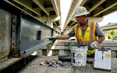 Worker rolling coating on a steel beam under an overpass