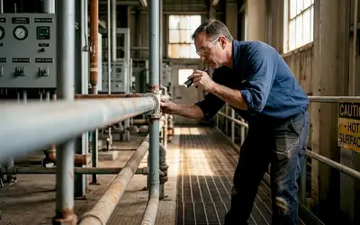 Technician checking piping in a treatment plant