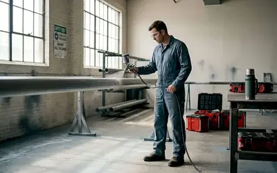 Painter spraying a long steel beam in a workshop