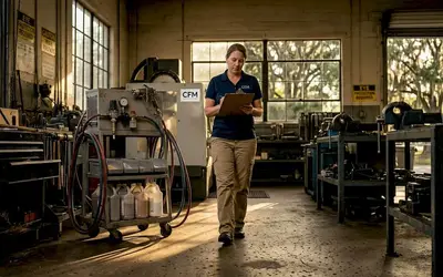 Technician walking past spray equipment in a workshop