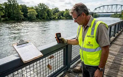 Inspector checking a bridge railing over a river with a gauge