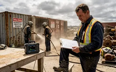 Supervisor taking notes as workers blast a shipping container