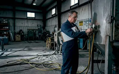 Technician adjusting gauges on a blasting machine