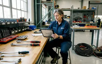 Technician reviewing a tablet at a tool bench