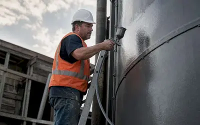 Painter spraying a steel tank from a ladder