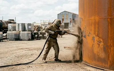 Worker sandblasting a rusted steel tank