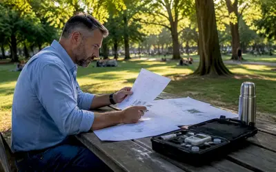 Man reviewing plans at a park picnic table