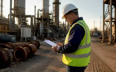 Inspector reading notes at a refinery