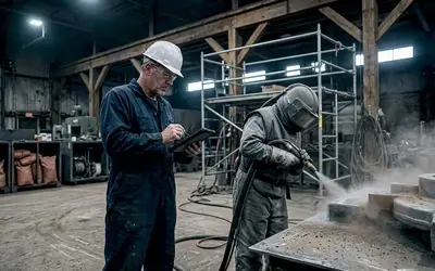 Inspector taking notes beside a worker blasting steel in a shop