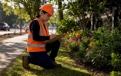 Inspector kneeling with a clipboard beside a landscaped walkway