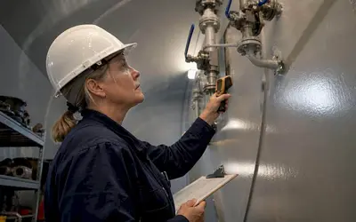 Technician checking valves on a coated steel tank