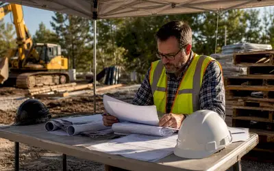 Supervisor reviewing plans under a tent at a job site