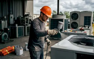 Painter spray coating an outdoor HVAC unit