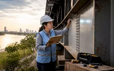 Inspector testing a steel structure by a river