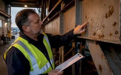 Inspector checking corrosion on a rusted steel beam