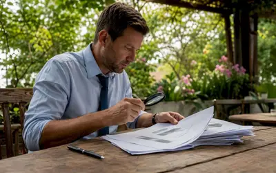 Manager reviewing reports with a magnifying glass