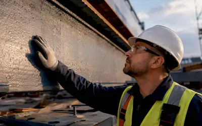 Inspector feeling the surface of a coated steel beam