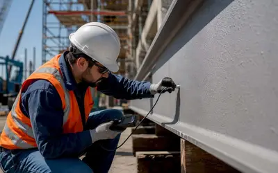 Inspector measuring coating thickness on a steel beam