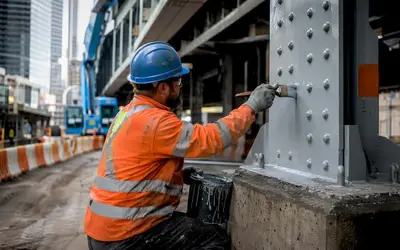 Worker painting a bolted steel column on a city street