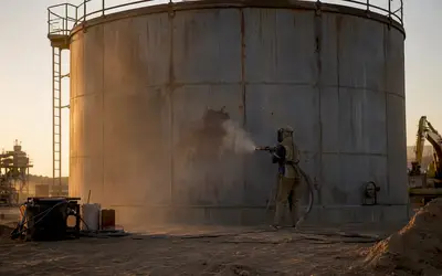 Worker spraying coating on a large storage tank