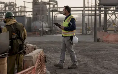 Supervisor with a clipboard talking to a worker on site