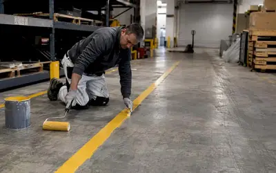 Worker rolling a yellow stripe on a warehouse floor