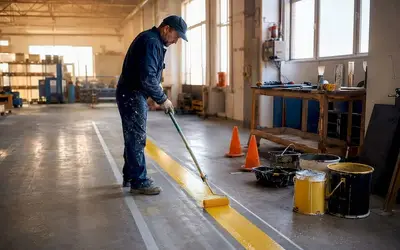 Worker rolling a yellow safety stripe in a warehouse