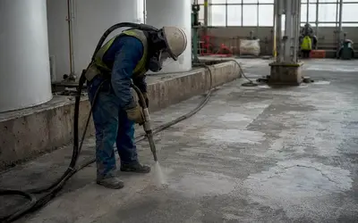 Worker blasting a concrete floor in a plant
