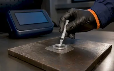 Technician injecting water into a Bresle patch on steel