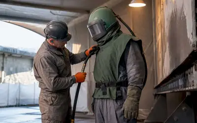 Supervisor checking a blaster's helmet and protective gear